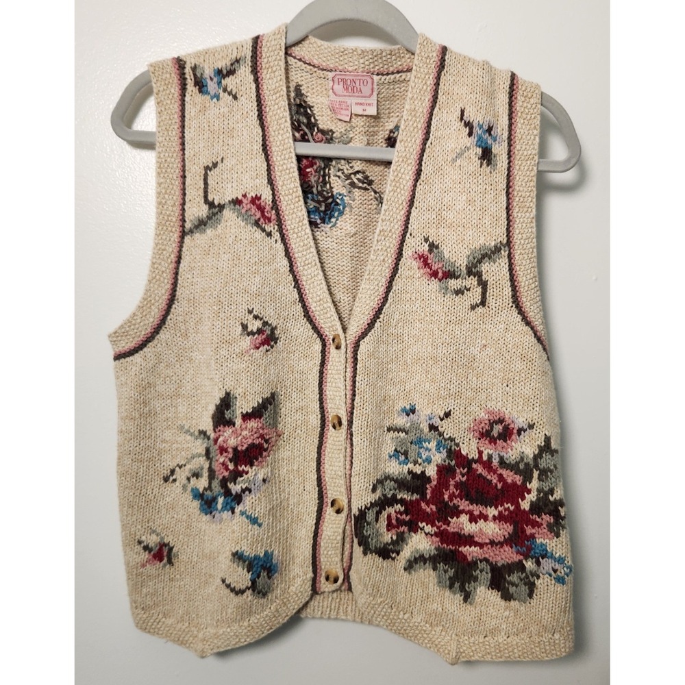 Vintage Pronto Moda Beige Hand Knit Floral‎ Vest Button Front V-Neck Size Medium